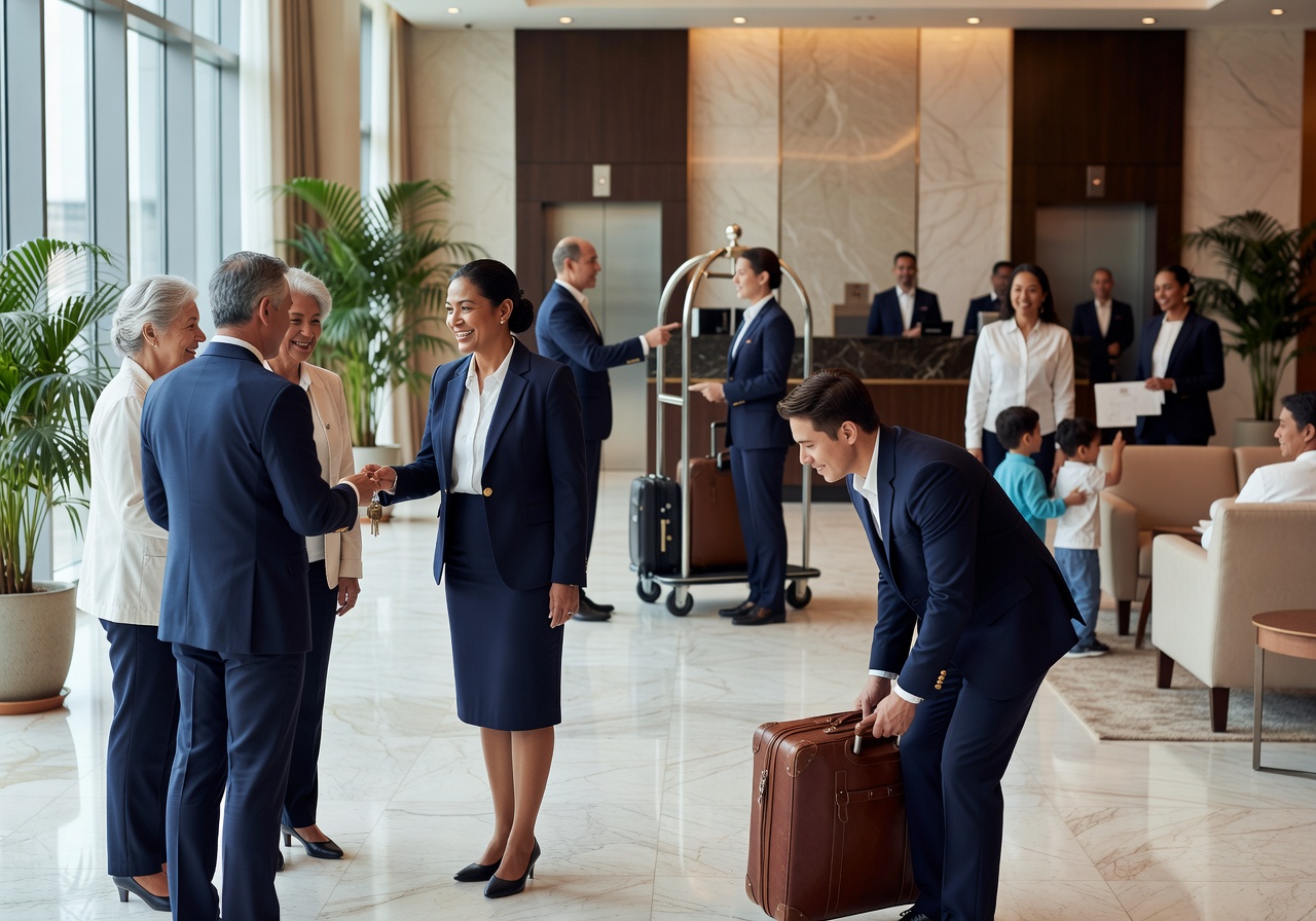 Friendly hotel staff assisting guests