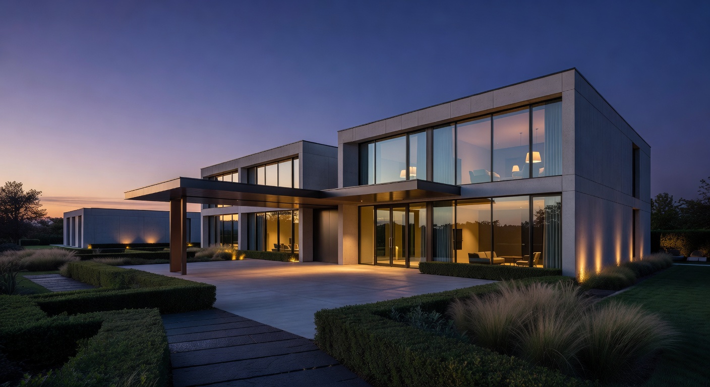 Modern hotel exterior at dusk